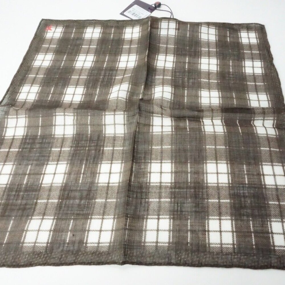 Isaia Brown Ivory Plaid Linen Cotton Blend Pocket Square Italy New